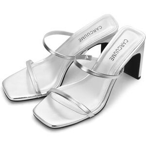 Silver Open Toe Block Heels